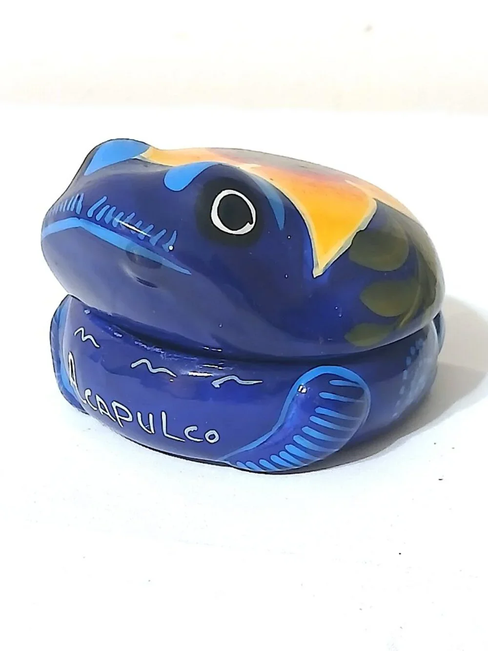 Vintage Acapulco Mexico Hand Painted Frog Ceramic Trinket Box Folk Art